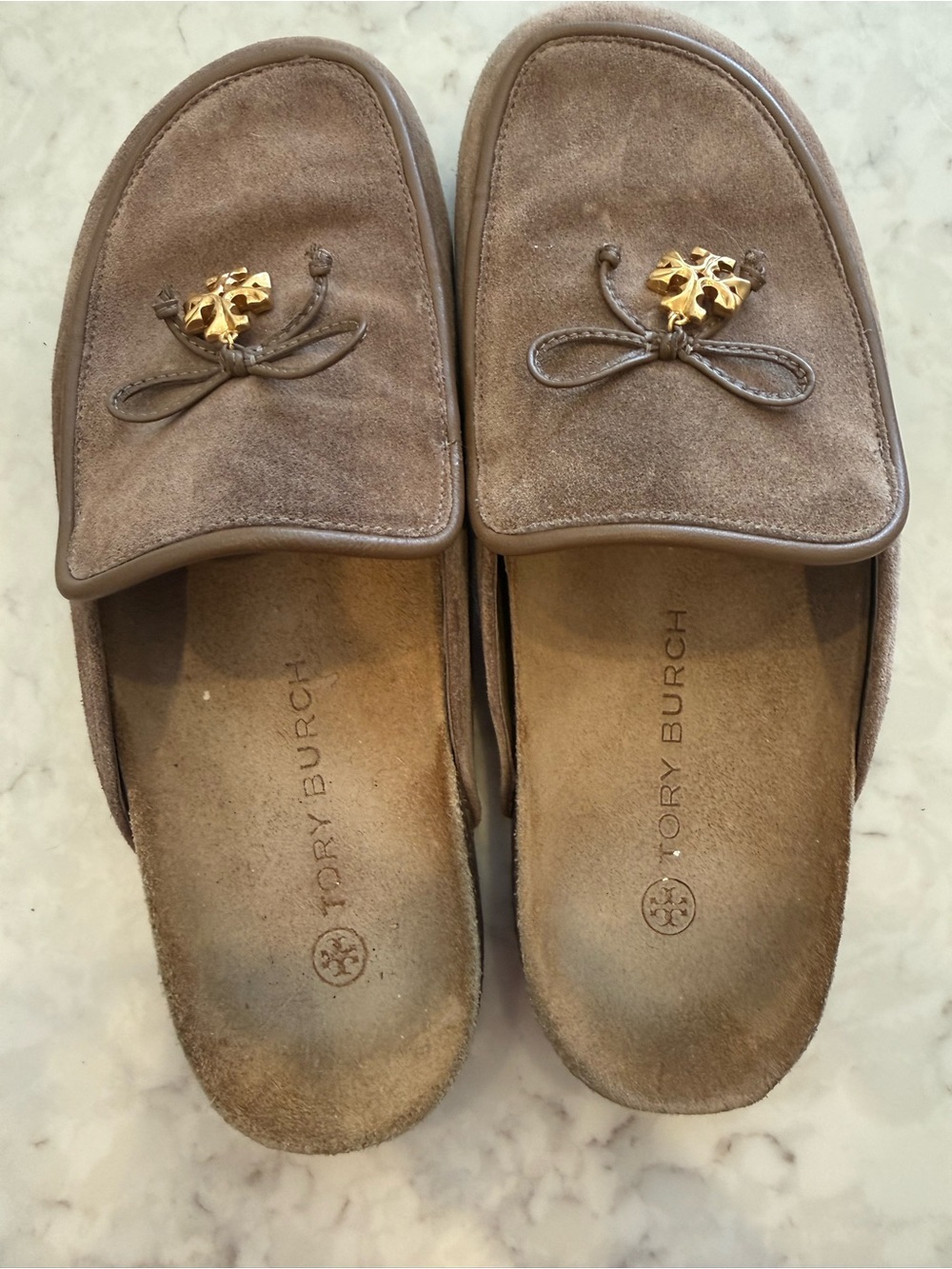 Tory Burch Taupe Suede Slide Mules with Gold Emblem